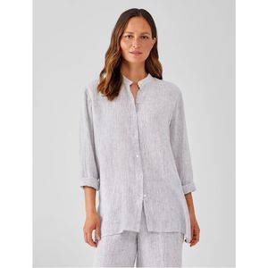 Eileen Fisher Striped Organic Linen Crinkle Mandarin Collar Shirt White Size S